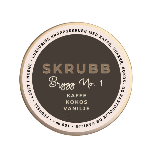 Naturlig kaffeskrubb med kaffe, kokosolje, vanilje og sukker. Rund etikett og sirkeltekst på lokket.