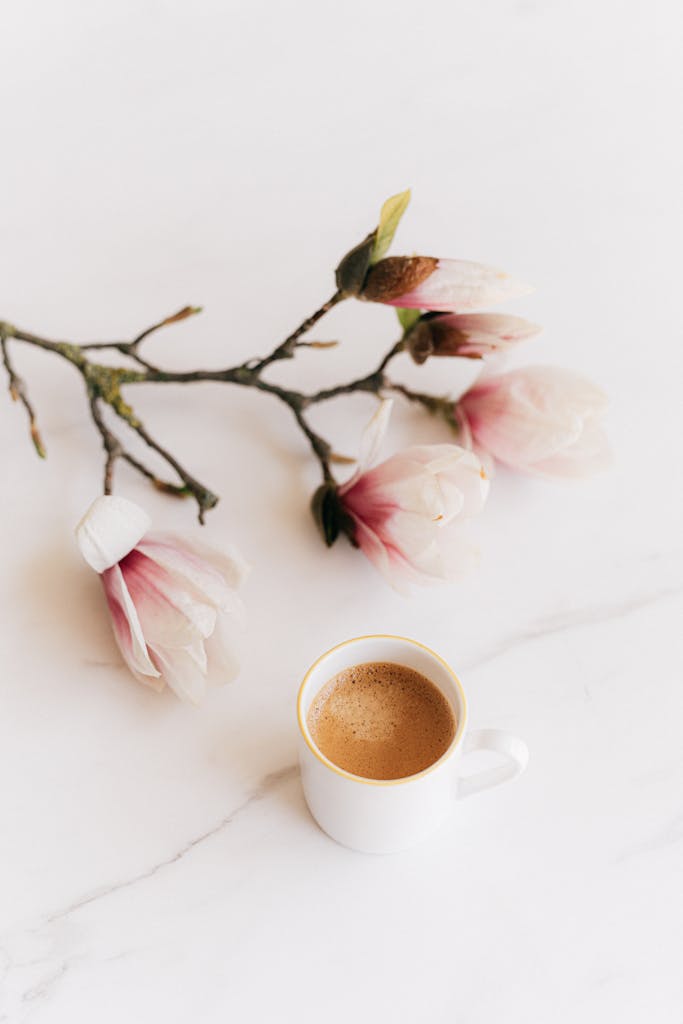 Delicate magnolia flowers with a fresh cup of coffee on a marble surface, evoking a peaceful morning vibe.
