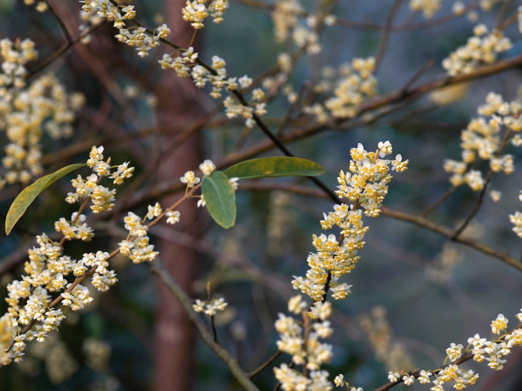 Friske grønne grener av Litsea Cubeba (May Chang) med små frukter, brukt til eterisk olje med sitrusduft og velværeegenskaper